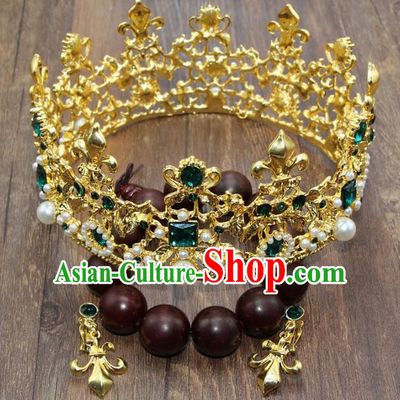 Top Grade Bride Hair Accessories Wedding Green Crystal Royal Crown and Earrings for Women