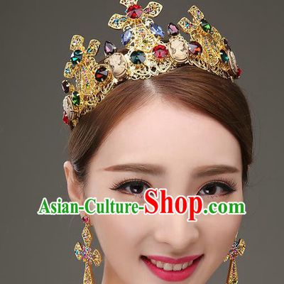 Top Grade Bride Hair Accessories Wedding Colorful Crystal Royal Crown and Earrings for Women