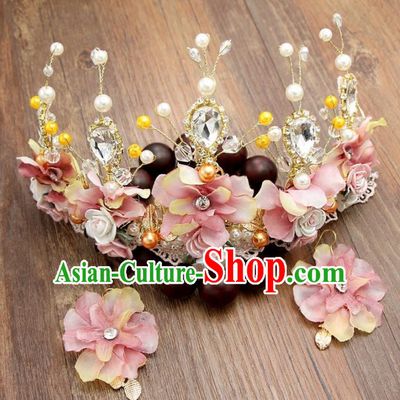 Top Grade Bride Hair Accessories Wedding Pink Flowers Royal Crown and Earrings for Women