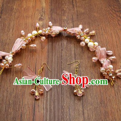 Top Grade Bride Hair Accessories Wedding Pink Bowknot Hair Clasp and Earrings for Women