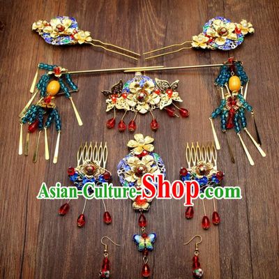 Chinese Ancient XiuHe Suit Handmade Hairpins Cloisonne Hair Accessories Complete Set for Women