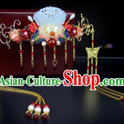 Chinese Ancient Handmade Hanfu Jade Hair Clip Tassel Hair Crown Hairpins Hair Accessories for Women