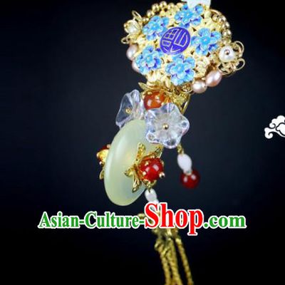 Chinese Ancient Handmade Hanfu Blueing Hair Clip Jade Hairpins Hair Accessories for Women