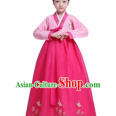 Asian Korean Traditional Costumes Korean Hanbok Pink Blouse and Rosy Skirt for Kids