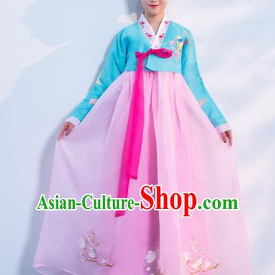 Asian Korean Traditional Costumes Korean Hanbok Blue Embroidered Blouse and Pink Skirt for Women