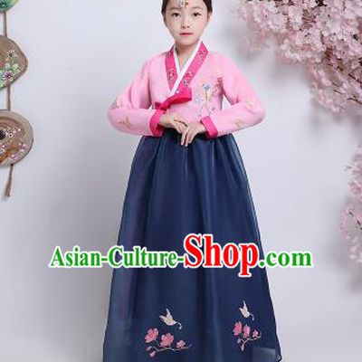 Asian Korean Traditional Costumes Korean Hanbok Pink Blouse and Navy Skirt for Kids