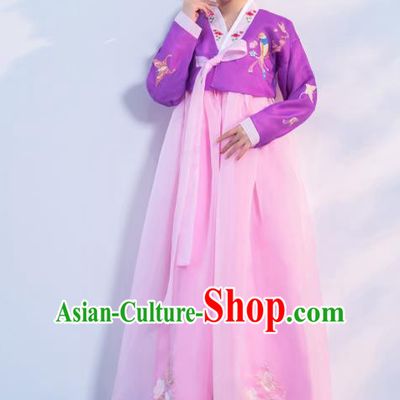 Asian Korean Traditional Costumes Korean Hanbok Purple Embroidered Blouse and Pink Skirt for Women