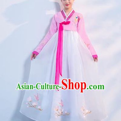 Asian Korean Traditional Costumes Korean Hanbok Pink Embroidered Blouse and White Skirt for Women