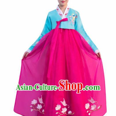Asian Korean Traditional Costumes Korean Hanbok Blue Embroidered Blouse and Rosy Skirt for Women