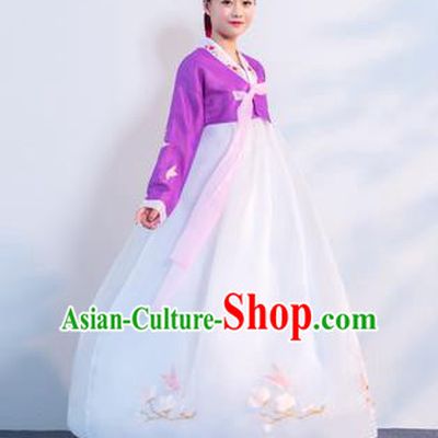 Asian Korean Traditional Costumes Korean Hanbok Purple Embroidered Blouse and White Skirt for Women