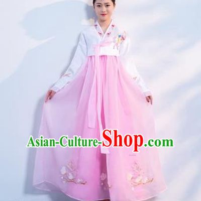Asian Korean Traditional Costumes Korean Hanbok White Embroidered Blouse and Pink Skirt for Women
