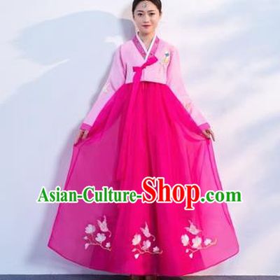 Asian Korean Traditional Costumes Korean Hanbok Pink Embroidered Blouse and Rosy Skirt for Women