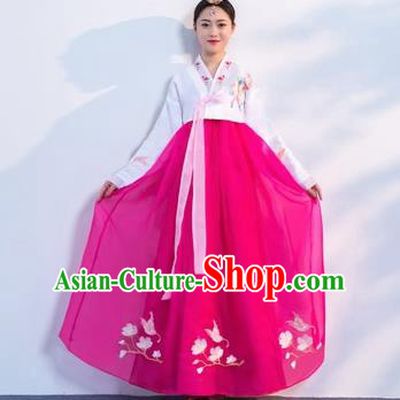 Asian Korean Traditional Costumes Korean Hanbok White Embroidered Blouse and Rosy Skirt for Women