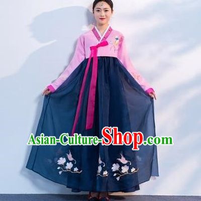 Asian Korean Traditional Costumes Korean Hanbok Pink Embroidered Blouse and Navy Skirt for Women