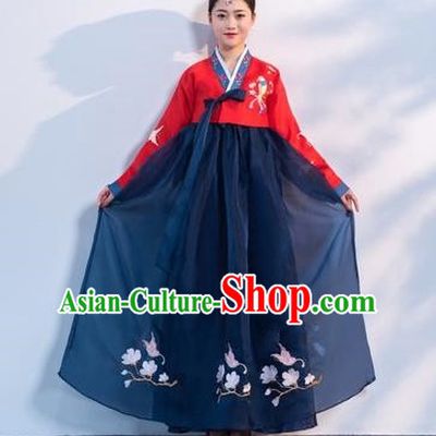 Asian Korean Traditional Costumes Korean Hanbok Red Embroidered Blouse and Navy Skirt for Women