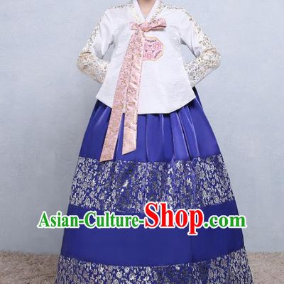 Asian Korean Traditional Costumes Korean Palace Hanbok Embroidered White Blouse and Blue Skirt for Women