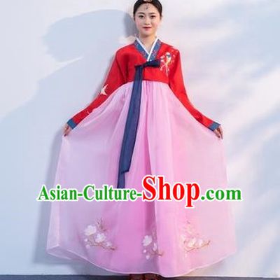 Asian Korean Traditional Costumes Korean Hanbok Red Embroidered Blouse and Pink Skirt for Women
