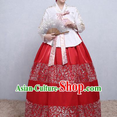 Asian Korean Traditional Costumes Korean Palace Hanbok Embroidered White Blouse and Red Skirt for Women