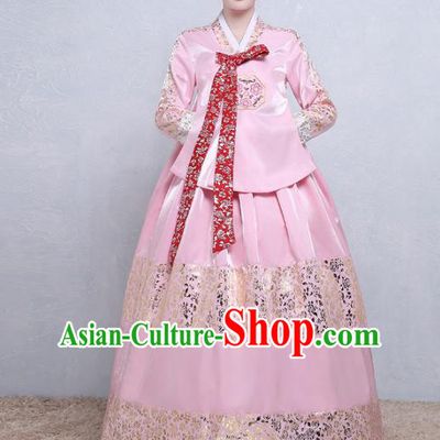Asian Korean Traditional Costumes Korean Palace Hanbok Embroidered Pink Blouse and Skirt for Women