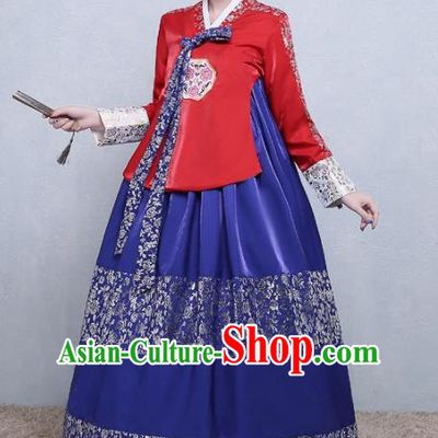 Asian Korean Traditional Costumes Korean Palace Hanbok Embroidered Red Blouse and Blue Skirt for Women