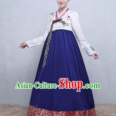 Asian Korean Traditional Costumes Korean Palace Hanbok Embroidered White Blouse and Blue Skirt for Women