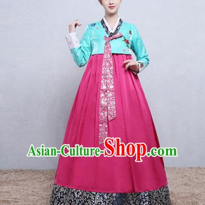 Asian Korean Traditional Costumes Korean Palace Hanbok Embroidered Blue Blouse and Rosy Skirt for Women
