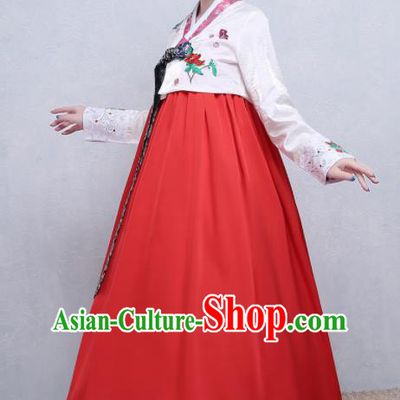 Asian Korean Traditional Costumes Korean Palace Hanbok Embroidered White Blouse and Red Skirt for Women