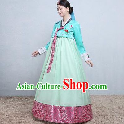 Asian Korean Traditional Costumes Korean Palace Hanbok Embroidered Blue Blouse and Green Skirt for Women