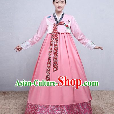 Asian Korean Traditional Costumes Korean Palace Hanbok Embroidered Pink Blouse and Skirt for Women