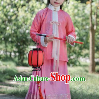 Traditional Chinese Ancient Costumes Ming Dynasty Princess Clothing Pink Blouse and Skirt for Kids