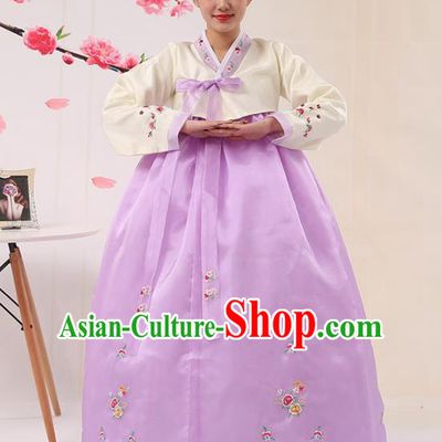 Korean Traditional Costumes Asian Korean Palace Hanbok Bride Embroidered Beige Blouse and Purple Skirt for Women