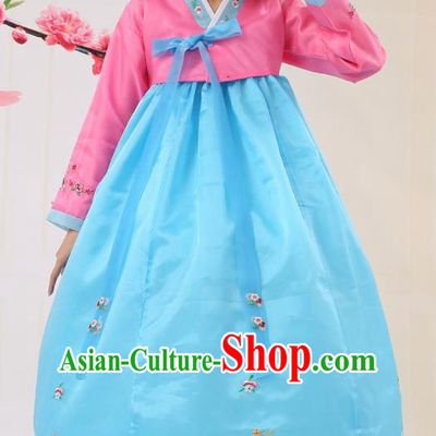 Korean Traditional Costumes Asian Korean Palace Hanbok Bride Embroidered Pink Blouse and Blue Skirt for Women