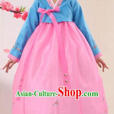 Korean Traditional Costumes Asian Korean Palace Hanbok Bride Embroidered Blue Blouse and Pink Skirt for Women