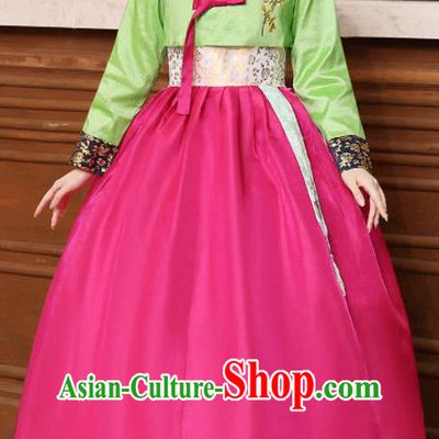 Korean Traditional Costumes Asian Korean Hanbok Palace Bride Embroidered Green Blouse and Rosy Skirt for Women