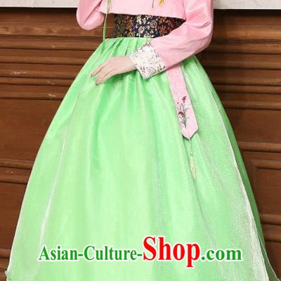 Korean Traditional Costumes Asian Korean Hanbok Palace Bride Embroidered Pink Blouse and Green Skirt for Women