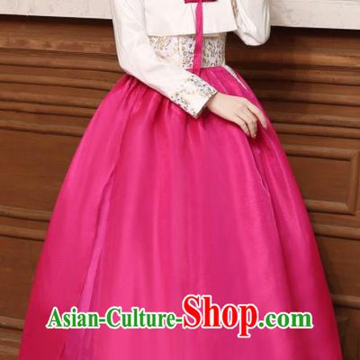 Korean Traditional Costumes Asian Korean Hanbok Palace Bride Embroidered White Blouse and Rosy Skirt for Women