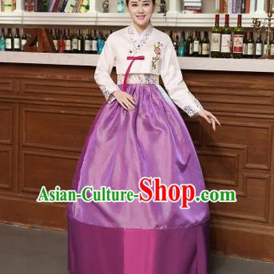 Korean Traditional Costumes Asian Korean Hanbok Palace Bride Embroidered White Blouse and Purple Skirt for Women
