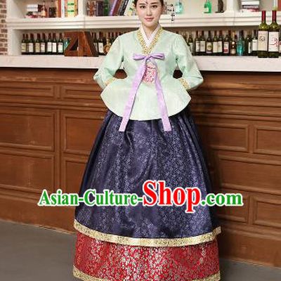 Korean Traditional Costumes Asian Korean Hanbok Palace Bride Embroidered Green Blouse and Navy Skirt for Women