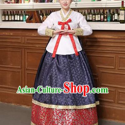 Korean Traditional Costumes Asian Korean Hanbok Palace Bride Embroidered White Blouse and Navy Skirt for Women