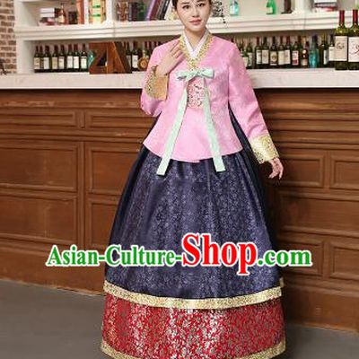 Korean Traditional Costumes Asian Korean Hanbok Palace Bride Embroidered Pink Blouse and Navy Skirt for Women
