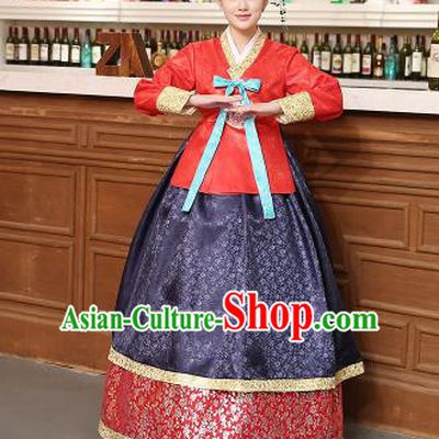 Korean Traditional Costumes Asian Korean Hanbok Palace Bride Embroidered Red Blouse and Navy Skirt for Women