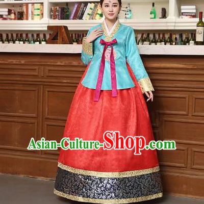 Korean Traditional Costumes Asian Korean Hanbok Palace Bride Embroidered Blue Blouse and Red Skirt for Women