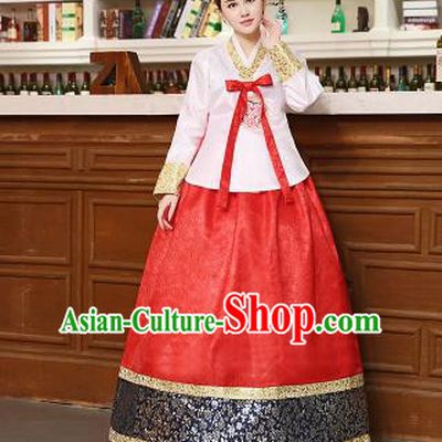 Korean Traditional Costumes Asian Korean Hanbok Palace Bride Embroidered White Blouse and Red Skirt for Women