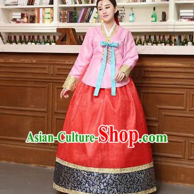 Korean Traditional Costumes Asian Korean Hanbok Palace Bride Embroidered Pink Blouse and Red Skirt for Women