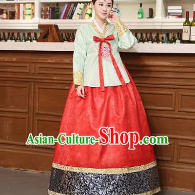 Korean Traditional Costumes Asian Korean Hanbok Palace Bride Embroidered Green Blouse and Red Skirt for Women