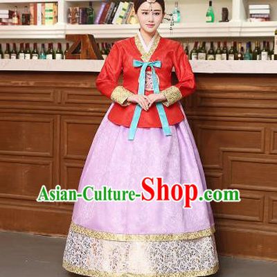 Korean Traditional Costumes Asian Korean Hanbok Palace Bride Embroidered Red Blouse and Lilac Skirt for Women