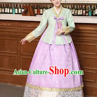 Korean Traditional Costumes Asian Korean Hanbok Palace Bride Embroidered Green Blouse and Lilac Skirt for Women
