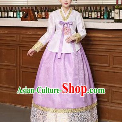 Korean Traditional Costumes Asian Korean Hanbok Palace Bride Embroidered White Blouse and Lilac Skirt for Women
