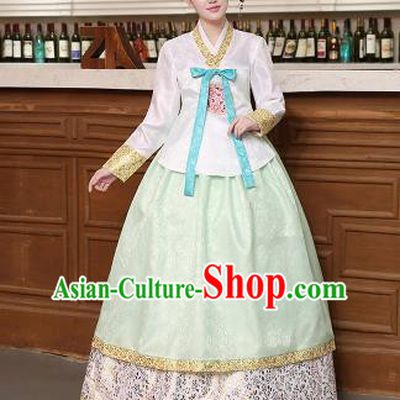 Korean Traditional Costumes Asian Korean Hanbok Palace Bride Embroidered White Blouse and Green Skirt for Women