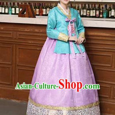 Korean Traditional Costumes Asian Korean Hanbok Palace Bride Embroidered Blue Blouse and Lilac Skirt for Women